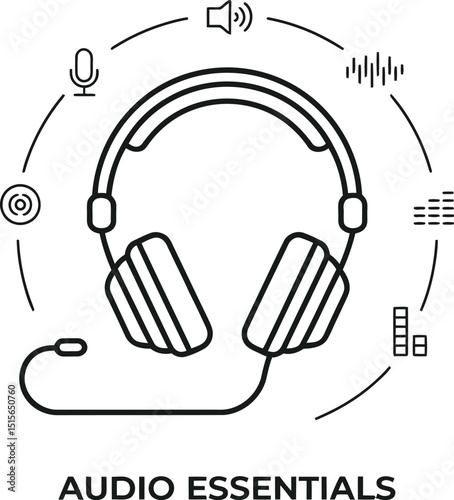 A minimalist black and white vector illustration highlighting audio essentials featuring headphones and sound related icons for design purposes