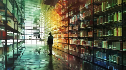 Vast library, colorful shelves,  person contemplating
