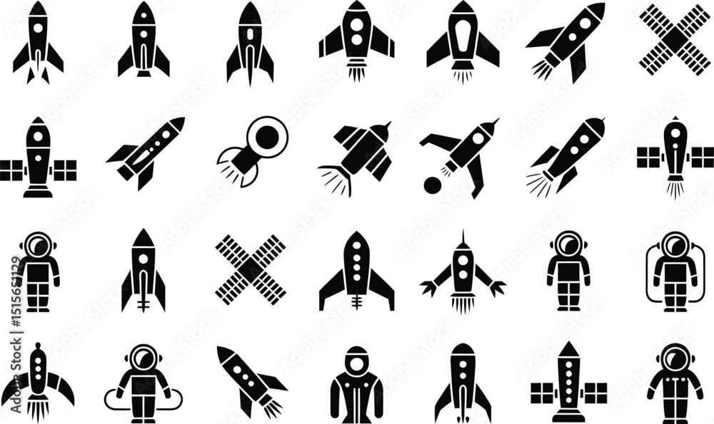 Naklejka premium Collection of black and white space icons featuring various rocket ship illustrations astronaut figures and satellite dish designs for conceptual and graphic design