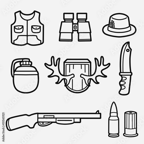 set of hunter equipment with outline style good for symbol, icon, element design, coloring book, coloring page, etc