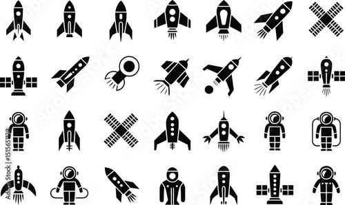 Collection of black and white space icons featuring various rocket ship illustrations astronaut figures and satellite dish designs for conceptual and graphic design