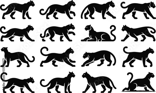 Collection of stylized black panther silhouettes displaying various poses suitable for logos icons emblems and creative design applications