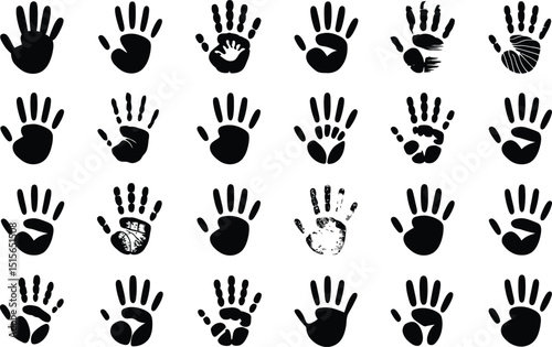 A collection of diverse handprint silhouettes showcasing different designs and variations for creative design projects and conceptual themes