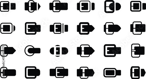 Vector illustrations of various belt buckles in different shapes and designs ideal for fashion accessories and apparel applications