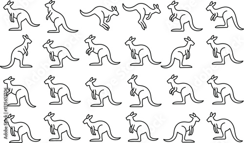 Seamless pattern of australian kangaroos in various poses outlined in black and white creating a dynamic repeating design