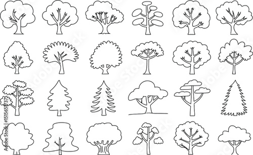 A collection of twenty one various black and white tree silhouettes representing different tree types for design and illustration