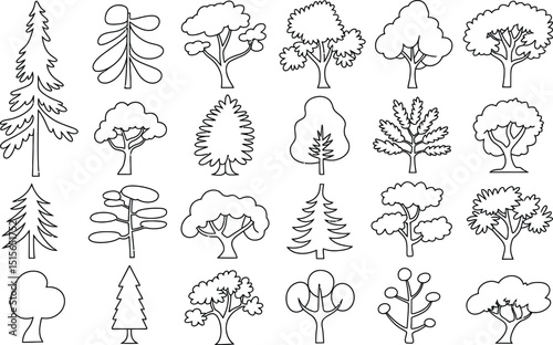 Collection of simple black and white outlined tree illustrations for design and educational purposes ideal for nature themed projects