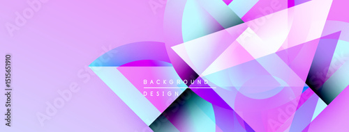 Abstract geometric shapes overlap, creating vibrant purple, blue hues. Modern design feels dynamic, energetic. Background suggests innovation, technology.