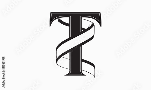Decorative Capital Letter T with Ribbon Silhouette