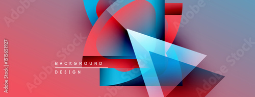 Abstract geometric shapes blend vibrant reds, blues, purples. Modern design features overlapping layers, gradients, text elements.