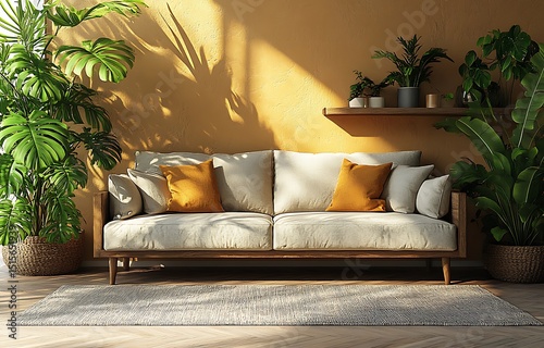 Cozy sofa mockup with orange pillows and green plants

 photo