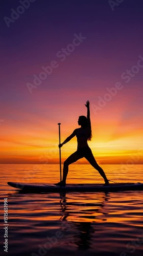 Silhouette of Young Woman Paddleboarding at Sunset on Calm Waters