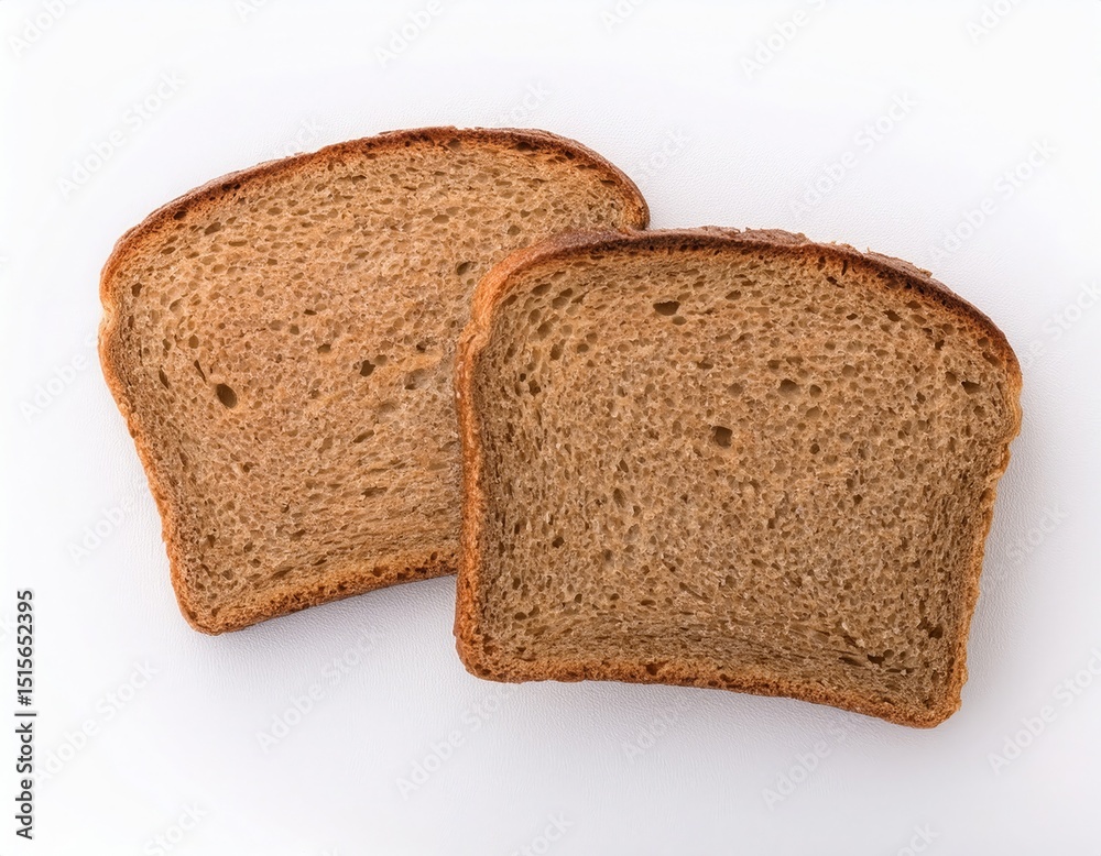Two slices of delicious whole wheat bread perfect for breakfast or a snack A close up shot showing the texture and color Two slices of delicious whole wheat bread perfect for breakfast or a snack A close up shot showing the texture and color
