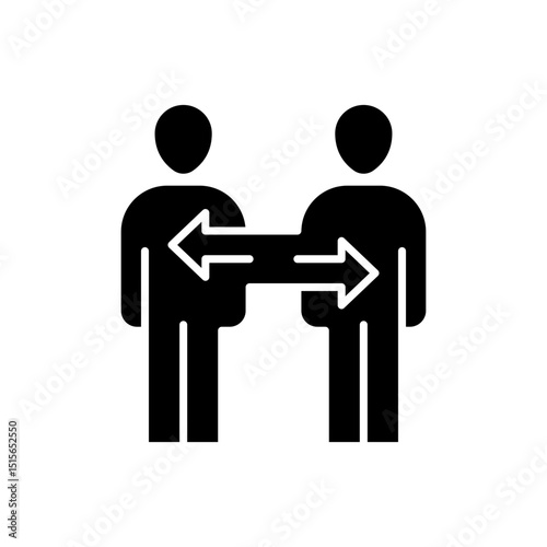 User connection, exchange of experience icon. Simple glyph style. Two people with arrows, friendship, communication, business, relationship concept. Solid symbol. Vector illustration isolated.