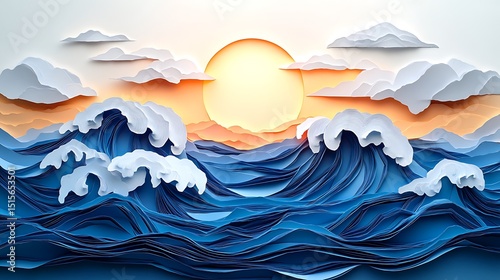 Artistic representation of seascape sunset using paper cut layering technique