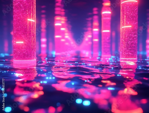 Neon Reflections: Abstract Cylinders on Water in a Vibrant Pink and Blue Ambiance