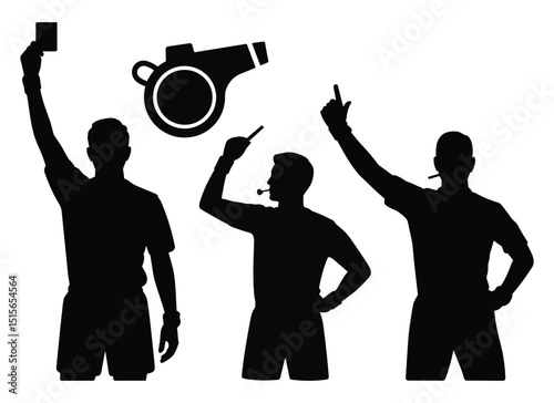 Set of referee silhouettes with whistle and card vector illustration isolated on white background