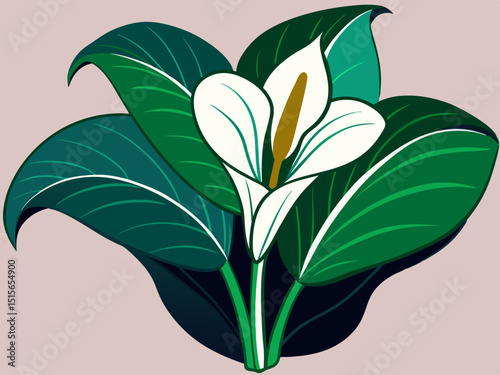 Stylized Peace Lily Plant with White Flower and Green Leaves

