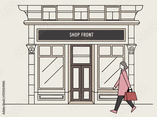 Stylish Woman Walking with Shopping Bag in Front of Shop

