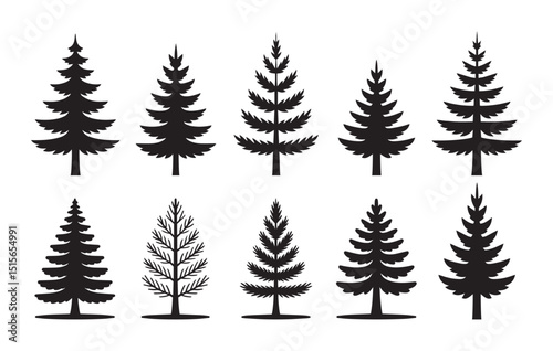 Various  pine tree silhouettes against white background