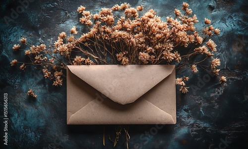 Brown Envelope Mockup with Dried Flowers on Dark Surface


