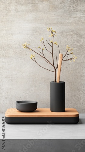 Minimalist bathroom accessories with a small vase, bowl, and toothbrush holder on a wooden tray