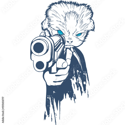 Fierce Anthropomorphic Cat Holding a Gun Pointing Forward with Blue Eyes - Stylized Vector Illustration for Unique and Edgy Designs
