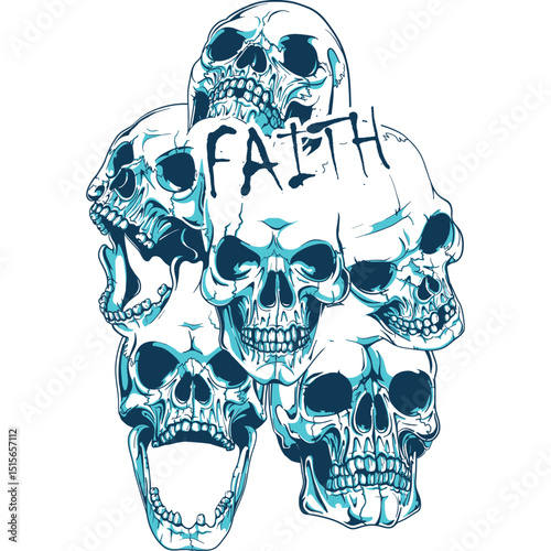 Pile of Blue Human Skulls with "FAITH" Text - Macabre and Stylized Vector Illustration for Gothic, Punk, and Alternative Designs