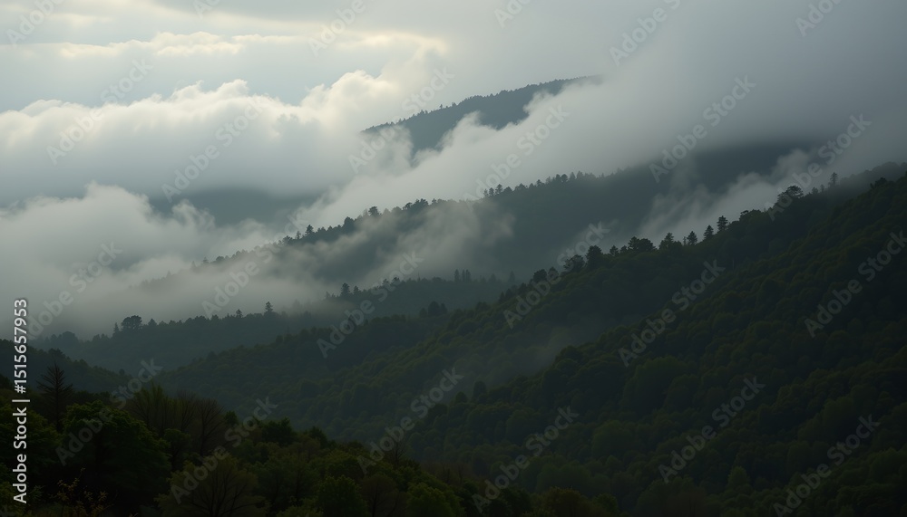 Naklejka premium dense fog rolling over a coastal forest, moody and ethereal atmosphere, soft light and shadows.