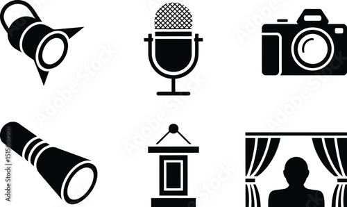 Stage and presentation elements collection a graphic design with microphone camera and stage symbols for performances