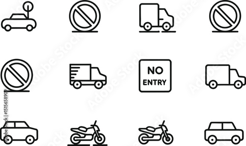 A collection of minimalist vehicle and traffic sign icons in black outlines for various design and transportation related projects