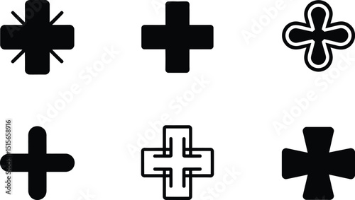 Collection of vector cross shapes and designs depicting medical assistance and religious symbols with different styles