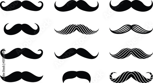 A collection of various stylish and elegant mustache designs represented in a minimalist black and white graphic style