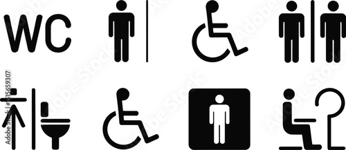 Minimalist pictograms of public restroom facilities indicating accessibility and gender specifics black and white design