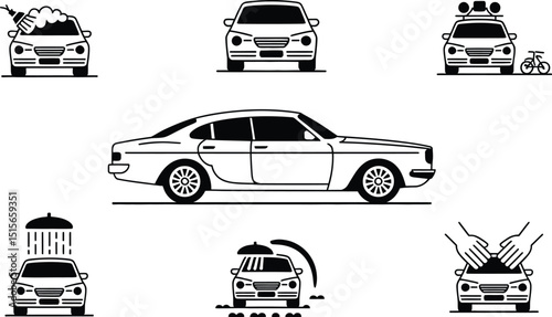 A collection of minimalist line art illustrations depicting cars in different scenarios showcasing automotive activities and detailing processes.
