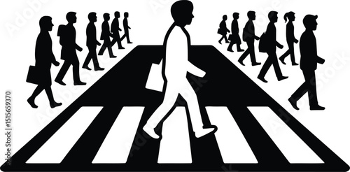 Silhouetted pedestrian walking across the crosswalk with other figures and a bold black and white composition representing urban movement