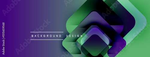 Abstract geometric shapes overlap, creating vibrant gradient effect. Purple transitions to green. Text reads background design. Modern visual presentation.