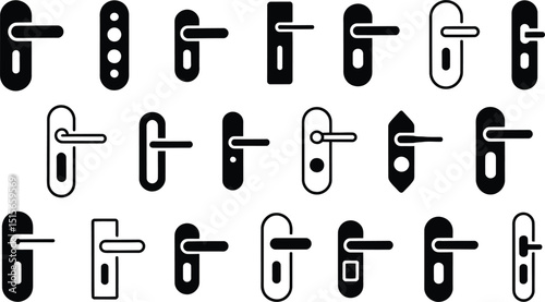 Set of vector illustrations depicting various styles and designs of door handles in a simple black and white minimalist aesthetic