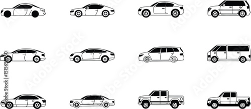 Monochrome car vector illustrations depicting a variety of vehicle types including sedan sportcar suv van and pickup trucks