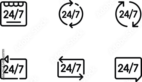 Set of six minimalist black and white 24/7 service and support icons illustrating always available assistance and availability for businesses