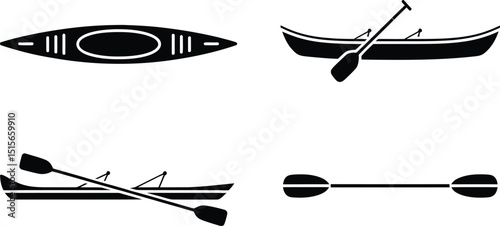 Collection of black and white vector illustrations featuring canoes kayaks and paddles for recreation and outdoor activities