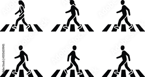 Silhouetted individuals walking across pedestrian crosswalks in a simple black and white pictogram style on a clean background