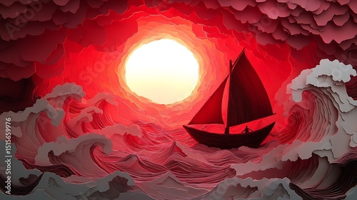 Crimson Voyage: A lone sailboat navigating tempestuous seas under a blazing sun