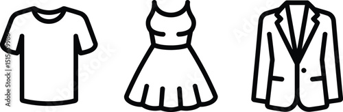 Vector illustration of simple minimalist outline icons depicting a t shirt a dress and a blazer for clothing design