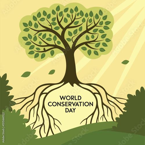 World Conservation Day Icon: A vibrant illustration of a tree, deeply rooted with the words "World Conservation Day," highlighting the importance of environmental protection and sustainable practices.