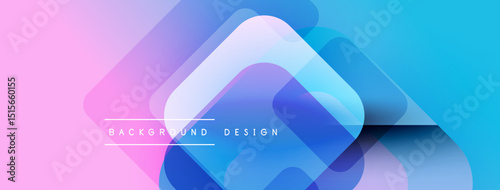 Abstract geometric shapes overlap, creating vibrant pink, blue gradients. Modern design elements suggest technology, innovation. Smooth transitions define visual appeal.