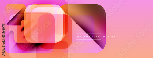 Abstract design features layered squares, vibrant pinks, oranges. Modern composition with text element, clean aesthetic.