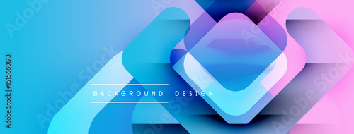 Abstract geometric shapes overlap, creating vibrant blue, purple, pink gradients. Modern design feels dynamic, fresh.