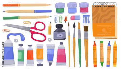 Stationery supplies, school items, office tools. Pencils, pens, scissors, brushes, tubes of paint, jars of paint, ink, sharpener, eraser, crayons, sketchbook. Collection of vector illustration.