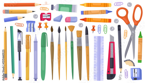 Stationery supplies, school items, office tools. Pencils, pens, ruler, scissors, brushes, sharpener, eraser, stationery knife, crayons. Collection of vector illustration on white background.